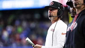 Oct 10, 2024; Seattle, Washington, USA; San Francisco 49ers head coach Kyle Shanahan stands on the sideline during the fourth quarter against the Seattle Seahawks at Lumen Field. Mandatory Credit: Joe Nicholson-Imagn Images