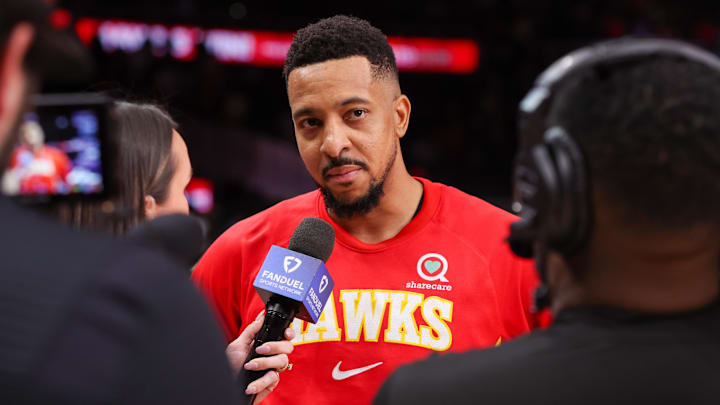 Mar 14, 2026; Atlanta, Georgia, USA; Atlanta Hawks guard CJ McCollum (3) does an interview after a victory over the Milwaukee Bucks at State Farm Arena. Mandatory Credit: Brett Davis-Imagn Images


