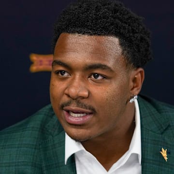 Jul 8, 2025; Frisco, TX, USA; Arizona State defensive lineman C.J. Fite answers questions from the media during 2025 Big 12 Football Media Days at The Star. Mandatory Credit: Raymond Carlin III-Imagn Images