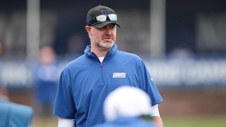 Jul 24, 2024; East Rutherford, NJ, USA; New York Giants defensive coordinator Shane Bowen looks on during training camp at Quest Diagnostics Training Facility. Mandatory Credit: Vincent Carchietta-Imagn Images