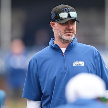 Jul 24, 2024; East Rutherford, NJ, USA; New York Giants defensive coordinator Shane Bowen looks on during training camp at Quest Diagnostics Training Facility.  