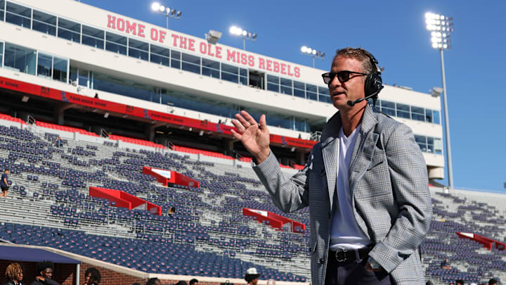 Oct 11, 2025; Oxford, Mississippi, USA; Mississippi Rebels head coach Lane Kiffin interviews prior to the game against the Washington State Cougars at Vaught-Hemingway Stadium. Mandatory Credit: Petre Thomas-Imagn Images