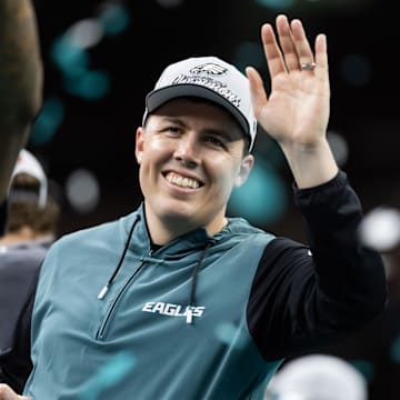 Feb 9, 2025; New Orleans, LA, USA;  Philadelphia Eagles offensive coordinator Kellen Moore celebrates after defeating the Kansas City Chiefs during Super Bowl LIX at Ceasars Superdome. Mandatory Credit: Mark J. Rebilas-Imagn Images
