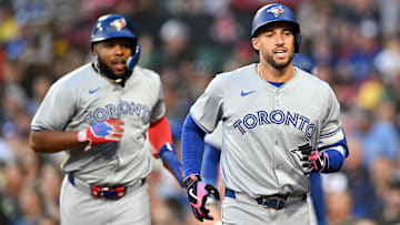 Jun 25, 2024; Boston, Massachusetts, USA; Toronto Blue Jays right fielder George Springer (4) and first baseman Vladimir Guerrero Jr. (27) run to the dugout after scoring against the Boston Red Sox during the third inning at Fenway Park. Mandatory Credit: Brian Fluharty-Imagn Images