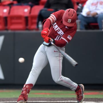 Stanford's catcher Malcolm Moore (10) prepares to hit the ball against Texas Tech in game one of their non-conference baseball series, Monday, April 1, 2024, at Rip Griffin Park.