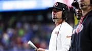 Oct 10, 2024; Seattle, Washington, USA; San Francisco 49ers head coach Kyle Shanahan stands on the sideline during the fourth quarter against the Seattle Seahawks at Lumen Field. Mandatory Credit: Joe Nicholson-Imagn Images