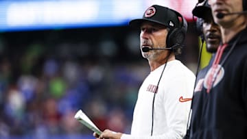 Oct 10, 2024; Seattle, Washington, USA; San Francisco 49ers head coach Kyle Shanahan stands on the sideline during the fourth quarter against the Seattle Seahawks at Lumen Field. Mandatory Credit: Joe Nicholson-Imagn Images