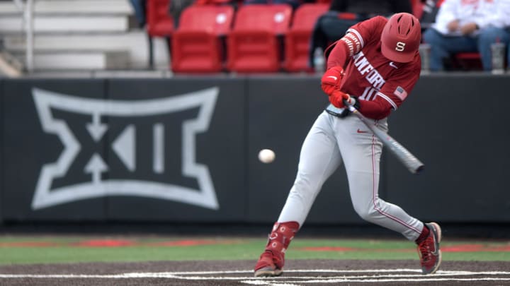 Stanford's catcher Malcolm Moore (10) prepares to hit the ball against Texas Tech in game one of their non-conference baseball series, Monday, April 1, 2024, at Rip Griffin Park.