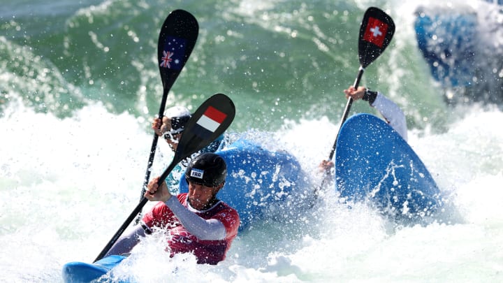 Boris Neveu of Team France competes during the Canoe Slalom Men's Kayak Cross Quarterfinal Three on day ten of the Olympic Games Paris 2024 at Vaires-Sur-Marne Nautical Stadium on August 05, 2024 in Paris, France.