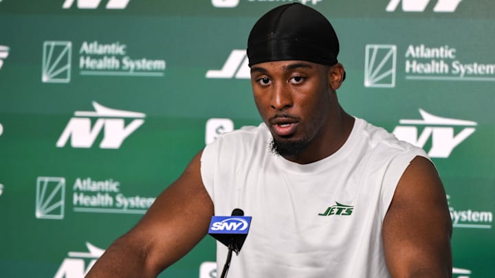 Jun 11, 2025; Florham Park, NY, USA; New York Jets running back Breece Hall (20) speaks at a press conference during minicamp at Atlantic Health Jets Training Center.