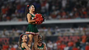 Sep 20, 2025; Miami Gardens, Florida, USA; Miami Hurricanes cheerleaders perform during the game against the Florida Gators at Hard Rock Stadium. Mandatory Credit: Sam Navarro-Imagn Images