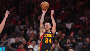Nov 1, 2024; Atlanta, Georgia, USA; Atlanta Hawks guard Garrison Mathews (24) shoots against the Sacramento Kings in the fourth quarter at State Farm Arena. Mandatory Credit: Brett Davis-Imagn Images