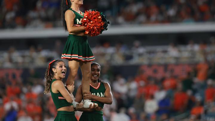 Sep 20, 2025; Miami Gardens, Florida, USA; Miami Hurricanes cheerleaders perform during the game against the Florida Gators at Hard Rock Stadium. Mandatory Credit: Sam Navarro-Imagn Images