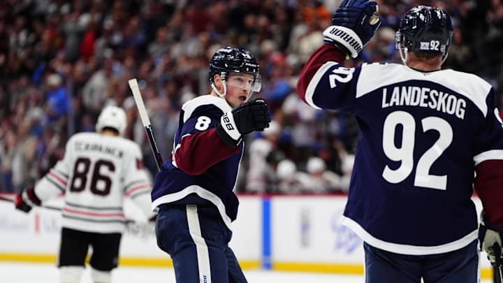 Feb 28, 2026; Denver, Colorado, USA; Colorado Avalanche defenseman Cale Makar (8) celebrates his goal with left wing Gabriel Landeskog (92) in the second period against the Chicago Blackhawks at Ball Arena. Mandatory Credit: Ron Chenoy-Imagn Images