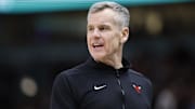 Feb 27, 2024; Chicago, Illinois, USA; Chicago Bulls head coach Billy Donovan reacts during the second half against the Detroit Pistons at United Center. Mandatory Credit: Kamil Krzaczynski-Imagn Images