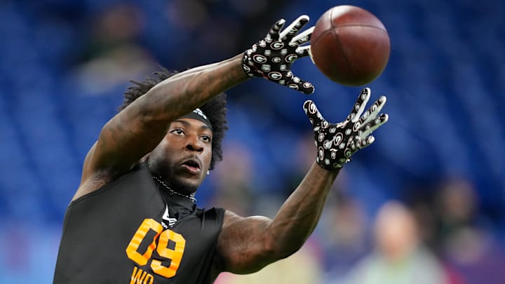 Feb 28, 2026; Indianapolis, IN, USA; Georgia wideout Zachariah Branch (WO09) during the NFL Scouting Combine at Lucas Oil Stadium. Mandatory Credit: Kirby Lee-Imagn Images