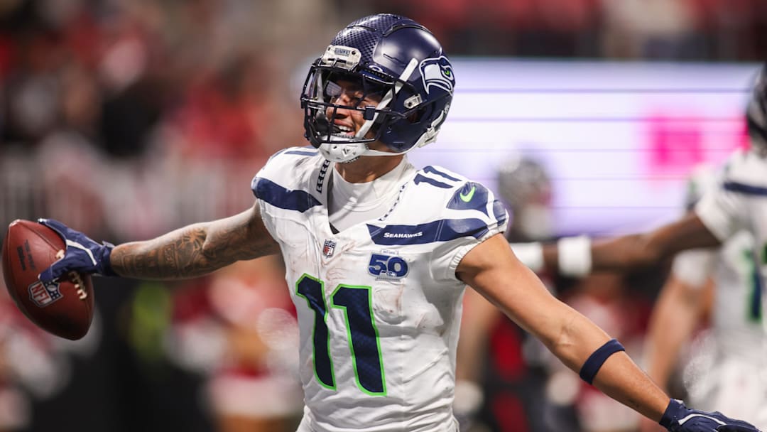 Dec 7, 2025; Atlanta, Georgia, USA; Seattle Seahawks wide receiver Jaxon Smith-Njigba (11) celebrates after a touchdown catch against the Atlanta Falcons in the fourth quarter at Mercedes-Benz Stadium. Mandatory Credit: Brett Davis-Imagn Images