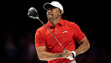 Tiger Woods of Jupiter Links GC tees off during a TGL match against Atlanta Drive GC at SoFi Center.