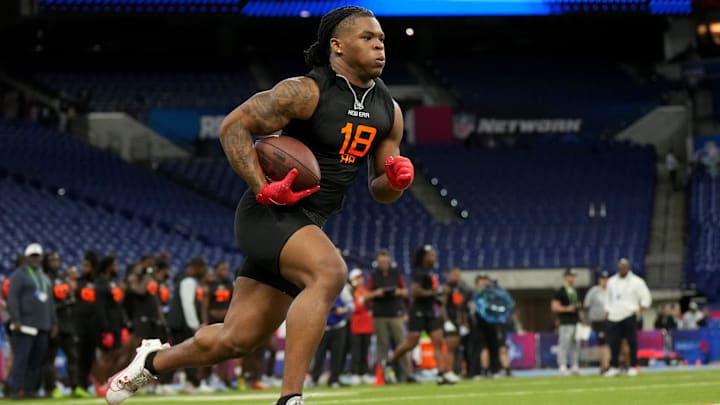 Ohio State running back Quinshon Judkins during the 2025 NFL Combine at Lucas Oil Stadium. Ohio State running back Quinshon Judkins during the 2025 NFL Combine at Lucas Oil Stadium.