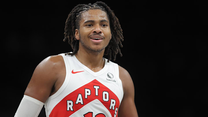 Nov 11, 2025; Brooklyn, New York, USA; Toronto Raptors forward Collin Murray-Boyles (12) during the third quarter against the Brooklyn Nets at Barclays Center. Mandatory Credit: Brad Penner-Imagn Images