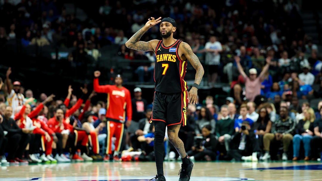 Mar 18, 2026; Dallas, Texas, USA; Atlanta Hawks guard Nickeil Alexander-Walker (7) reacts after scoring against the Dallas Mavericks during the second half at American Airlines Center. Mandatory Credit: Kevin Jairaj-Imagn Images