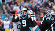Nov 30, 2025; Charlotte, North Carolina, USA; Carolina Panthers quarterback Bryce Young (9) throws a pass during the first quarter against the Los Angeles Rams at Bank of America Stadium. Mandatory Credit: Scott Kinser-Imagn Images
