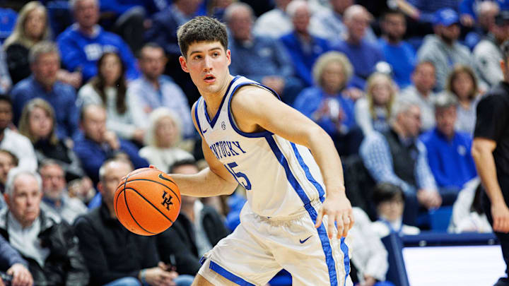 Jan 31, 2024; Lexington, Kentucky, USA; Kentucky Wildcats guard Reed Sheppard (15) handles the ball during the second half against the Florida Gators at Rupp Arena at Central Bank Center. Mandatory Credit: Jordan Prather-USA TODAY Sports