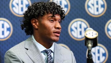Jul 14, 2025; Atlanta, GA, USA; Ole Miss Rebels quarterback Austin Simmons answers media questions during SEC Media Day at Omni Atlanta Hotel. Mandatory Credit: Jordan Godfree-Imagn Images