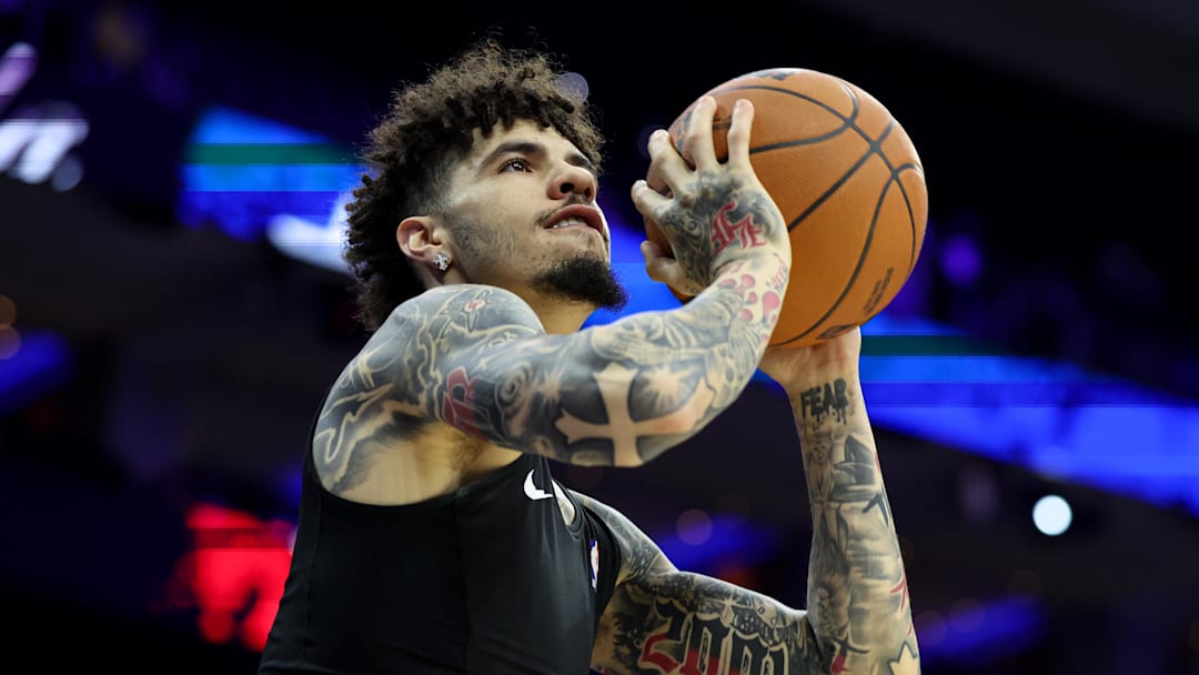 Oct 25, 2025; Philadelphia, Pennsylvania, USA; Charlotte Hornets guard LaMelo Ball (1) before action against the Philadelphia 76ers at Xfinity Mobile Arena. Mandatory Credit: Bill Streicher-Imagn Images