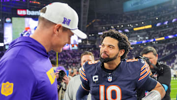 Dec 16, 2024; Minneapolis, Minnesota, USA; Chicago Bears quarterback Caleb Williams (18) talks to Minnesota Vikings head coach Kevin O'Connell after the game quarter at U.S. Bank Stadium. Mandatory Credit: Brad Rempel-Imagn Images