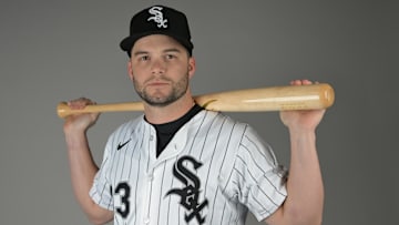 Feb 20, 2025; Glendale, AZ, USA;  Chicago White Sox Andrew Benintendi (23) poses for a photo on media day at the team’s spring training facility in Glendale, AZ.  Mandatory Credit: Jayne Kamin-Oncea-Imagn Images