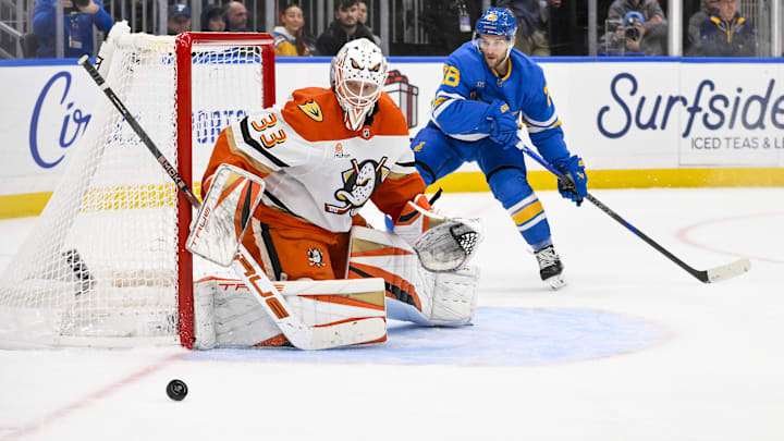Dec 1, 2025; St. Louis, Missouri, USA; Anaheim Ducks goaltender Ville Husso (33) defends the net against the St. Louis Blues during the second period at Enterprise Center. Mandatory Credit: Jeff Curry-Imagn Images