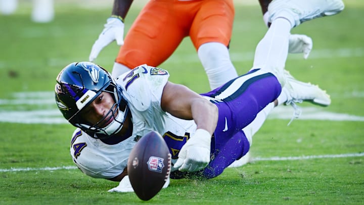 Oct 27, 2024; Cleveland, Ohio, USA; Baltimore Ravens safety Kyle Hamilton (14) drops an interception during the second half against the Cleveland Browns at Huntington Bank Field. Mandatory Credit: Ken Blaze-Imagn Images Oct 27, 2024; Cleveland, Ohio, USA; Baltimore Ravens safety Kyle Hamilton (14) drops an interception during the second half against the Cleveland Browns at Huntington Bank Field. Mandatory Credit: Ken Blaze-Imagn Images