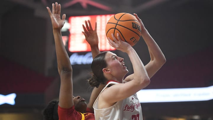 Texas Tech's Bailey Maupin shoots against Iowa State in a Big 12 women's basketball game Wednesday, Jan. 28, 2026, at United Supermarkets Arena.