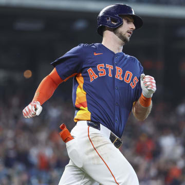 May 19, 2024; Houston, Texas, USA; Houston Astros right fielder Kyle Tucker (30) runs to first base on a home run during the sixth inning against the Milwaukee Brewers at Minute Maid Park.