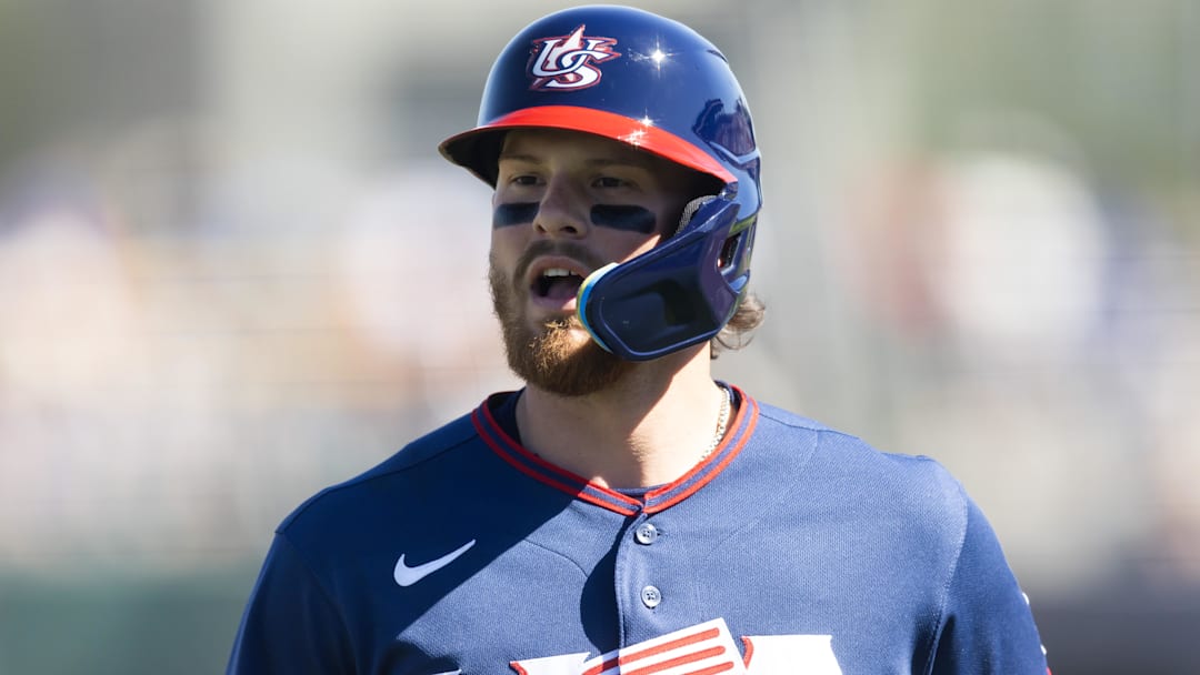 Mar 3, 2026; Scottsdale, AZ, USA; Team USA shortstop Bobby Witt Jr against the San Francisco Giants during a spring training game at Scottsdale Stadium. Mandatory Credit: Mark J. Rebilas-Imagn Images