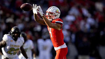 Oct 19, 2024; Tucson, Arizona, USA; Arizona Wildcats wide receiver Tetairoa McMillan (4) against the Colorado Buffalos at Arizona Stadium. Mandatory Credit: Mark J. Rebilas-Imagn Images