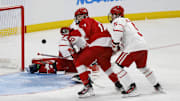 Mar 29, 2025; Toledo, OH, USA; Cornell forward Ryan Walsh (14) looks for a rebound in the first period against the Boston University at Huntington Center. Mandatory Credit: Rick Osentoski-Imagn Images