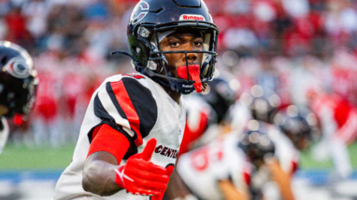 Tavian McNair of Corona Centennial lines up against Mater Dei on Thursday, Aug. 22, 2024.