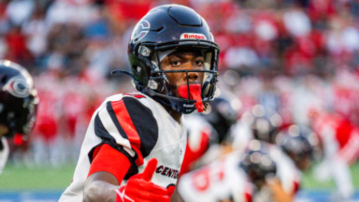 Tavian McNair of Corona Centennial lines up against Mater Dei on Thursday, Aug. 22, 2024.