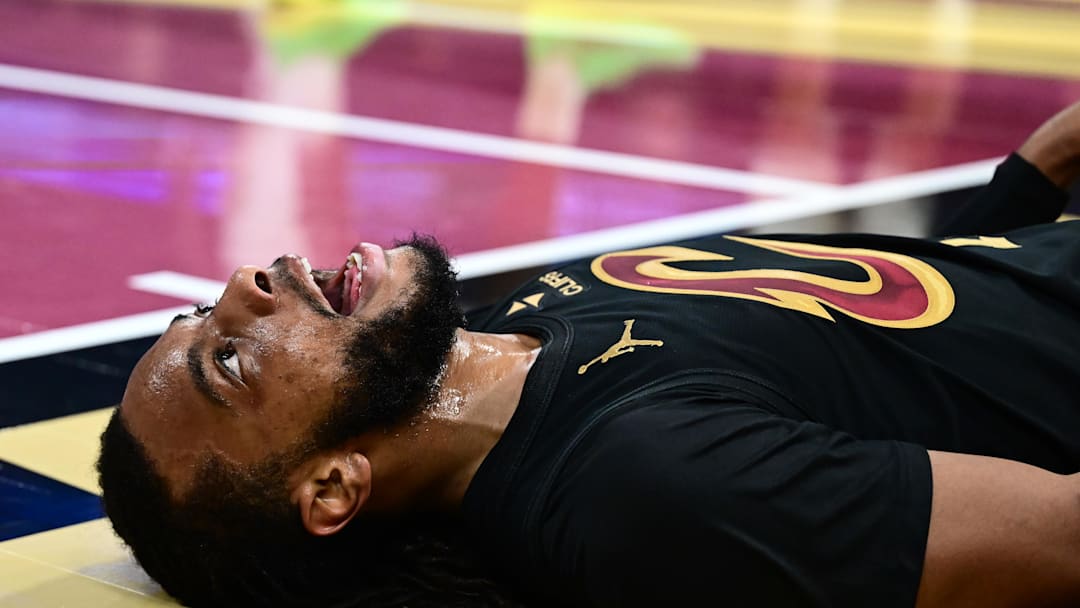 Nov 21, 2025; Cleveland, Ohio, USA; Cleveland Cavaliers guard Darius Garland (10) reacts after a play during the first half against the Indiana Pacers at Rocket Arena. Mandatory Credit: Ken Blaze-Imagn Images