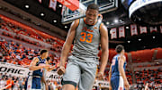 Jan 21, 2025; Stillwater, Oklahoma, USA; Oklahoma State Cowboys forward Abou Ousmane (33) reacts after a play during the first half against the Arizona Wildcats at Gallagher-Iba Arena. Mandatory Credit: William Purnell-Imagn Images