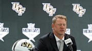 Jul 8, 2025; Frisco, TX, USA; UCF head coach Scott Frost addresses the media during 2025 Big 12 Football Media Days at The Star. Mandatory Credit: Raymond Carlin III-Imagn Images