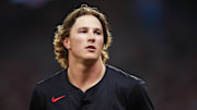 Apr 19, 2025; Atlanta, Georgia, USA; Minnesota Twins second baseman Luke Keaschall (15) in action against the Atlanta Braves in the sixth inning at Truist Park. Mandatory Credit: Brett Davis-Imagn Images