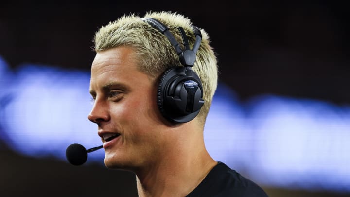 Aug 22, 2024; Cincinnati, Ohio, USA; Cincinnati Bengals quarterback Joe Burrow (9) is seen on the sidelines during the first half in the game against the Indianapolis Colts at Paycor Stadium. Mandatory Credit: Katie Stratman-USA TODAY Sports