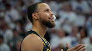 May 6, 2025; Minneapolis, Minnesota, USA; Golden State Warriors guard Stephen Curry (30) prepares to play the Minnesota Timberwolves before game one of the second round for the 2025 NBA Playoffs at Target Center. Mandatory Credit: Bruce Kluckhohn-Imagn Images