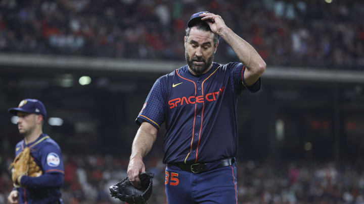 Jun 3, 2024; Houston, Texas, USA; Houston Astros starting pitcher Justin Verlander (35) walks off the mound after pitching during the third inning against the St. Louis Cardinals at Minute Maid Park. Mandatory Credit: Troy Taormina-USA TODAY Sports