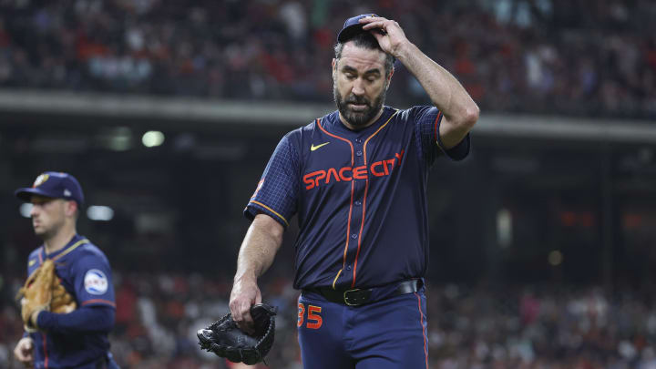 Jun 3, 2024; Houston, Texas, USA; Houston Astros starting pitcher Justin Verlander (35) walks off the mound after pitching during the third inning against the St. Louis Cardinals at Minute Maid Park.