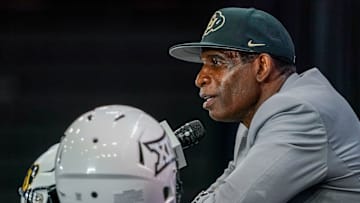 Jul 9, 2025; Frisco, TX, USA; Colorado head coach Deion Sanders speaks with the media during 2025 Big 12 Football Media Days at The Star. 