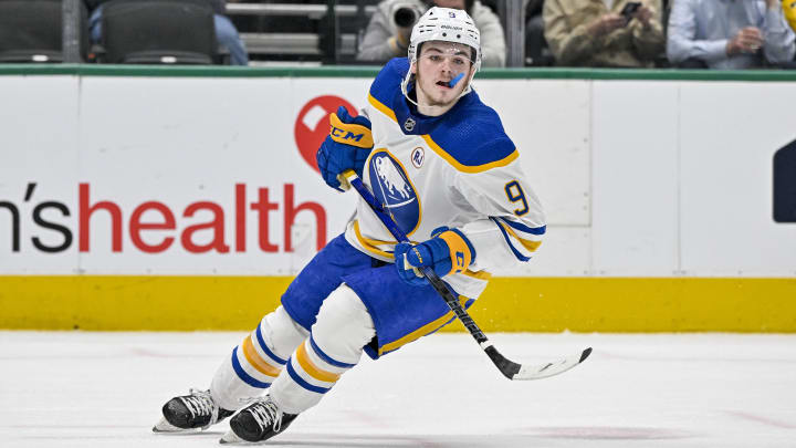 Apr 9, 2024; Dallas, Texas, USA; Buffalo Sabres left wing Zach Benson (9) skates against the Dallas Stars during the third period at the American Airlines Center. Mandatory Credit: Jerome Miron-USA TODAY Sports